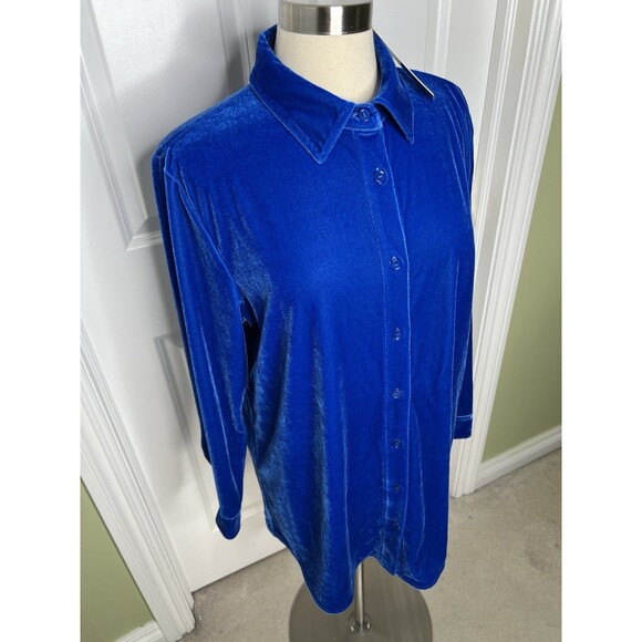 New Soft Surroundings Boyfriend Shirt Velvet Tunic 14-16 Large Cobalt Blue Boho - Picture 2 of 11